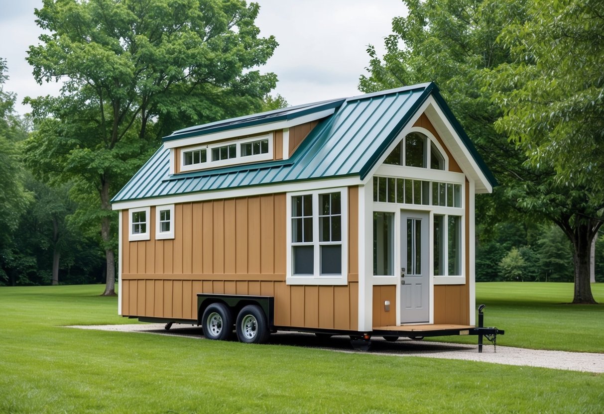 A tiny house sits on a grassy lot, surrounded by trees. It features a sloped roof, large windows, and a small front porch. The exterior is painted in a warm, inviting color