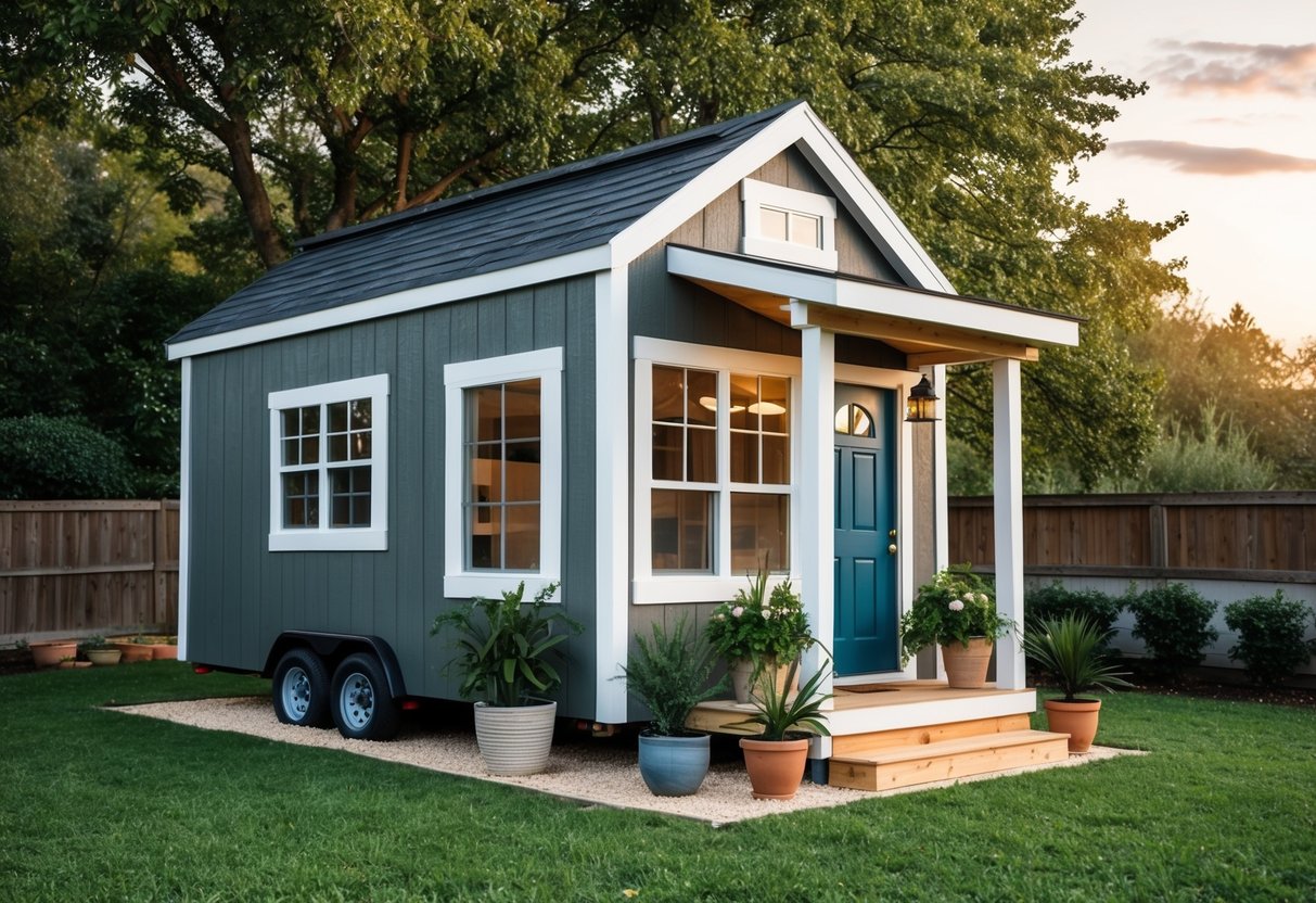 A shed transformed into a cozy tiny home, complete with a pitched roof, large windows, and a small porch. The exterior is adorned with potted plants, creating a welcoming and charming atmosphere