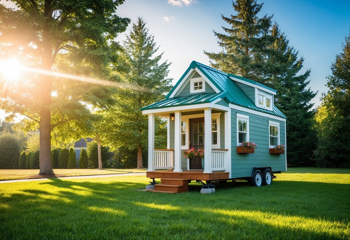 A cozy tiny house sits on a grassy lot, surrounded by trees. The sun shines on its charming exterior, with a small porch and flower boxes