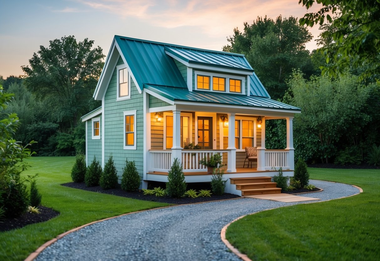 A cozy tiny home with a sloped roof, a front porch, and large windows, surrounded by lush greenery and a winding gravel path