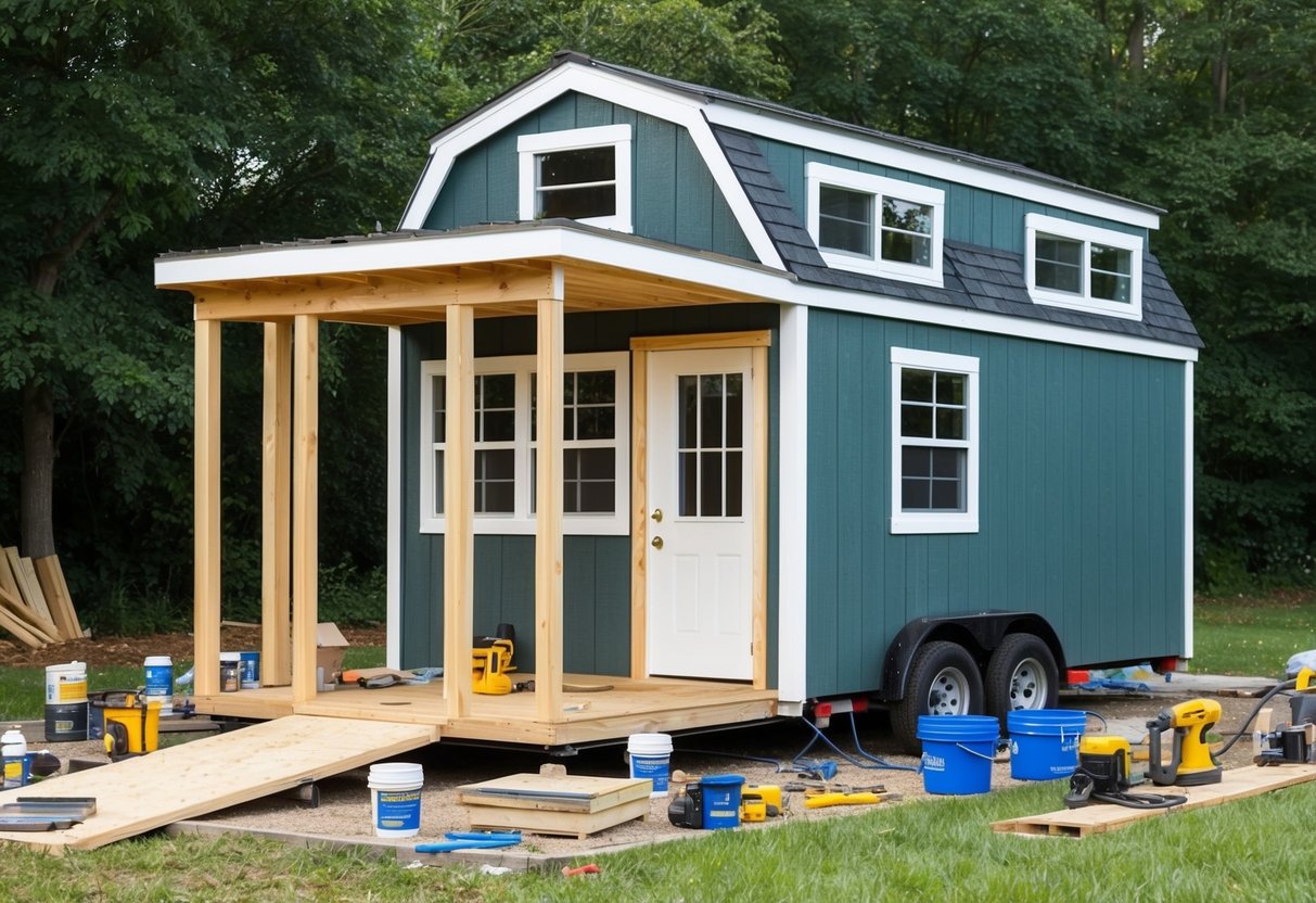 A shed being transformed into a tiny house with construction materials and tools scattered around. Windows and a door being installed, with a small porch added