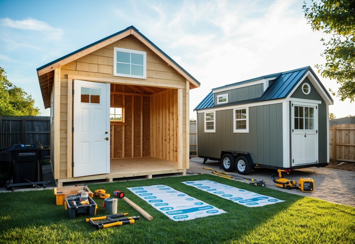 A sunny backyard with a half-built shed next to a completed tiny house, surrounded by tools, building materials, and price comparison charts