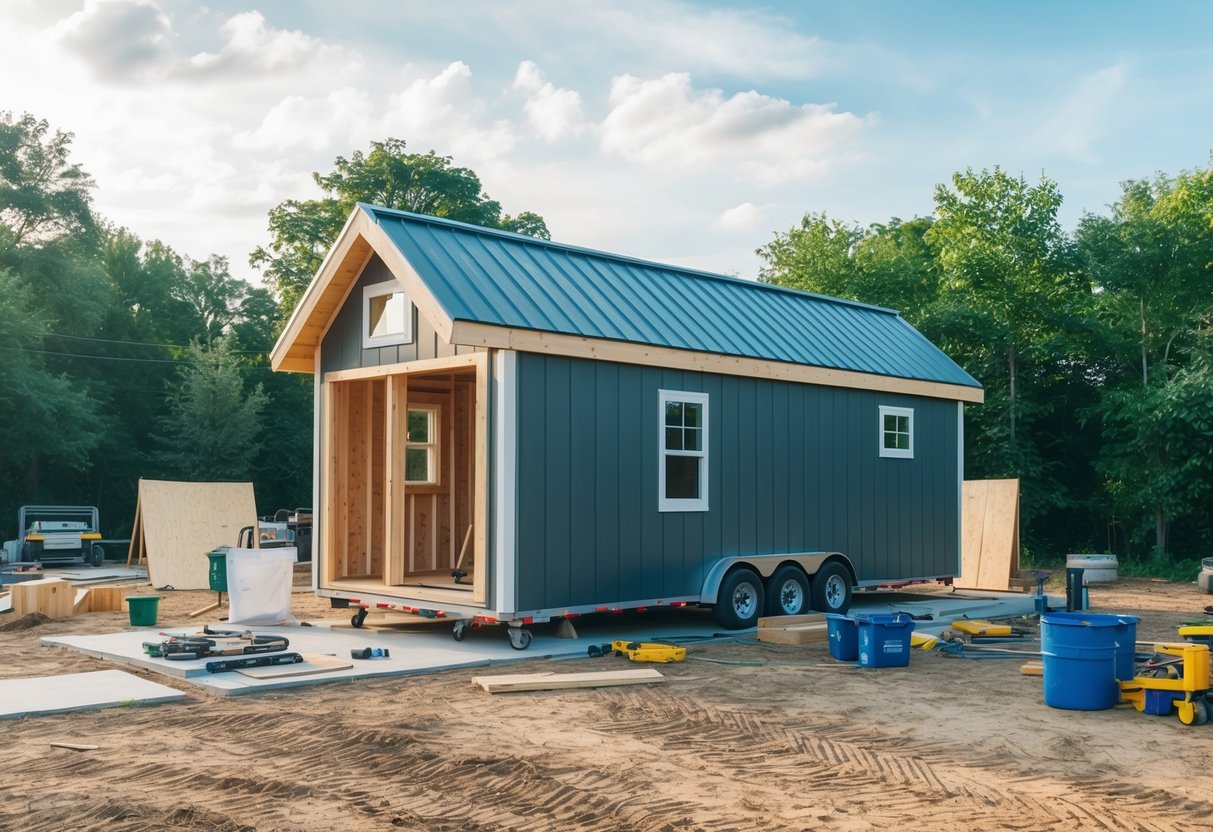 A 12x20 cabin under construction, surrounded by a budget-friendly shed. Materials and tools scattered around the site, with a clear plan in place for the tiny house conversion