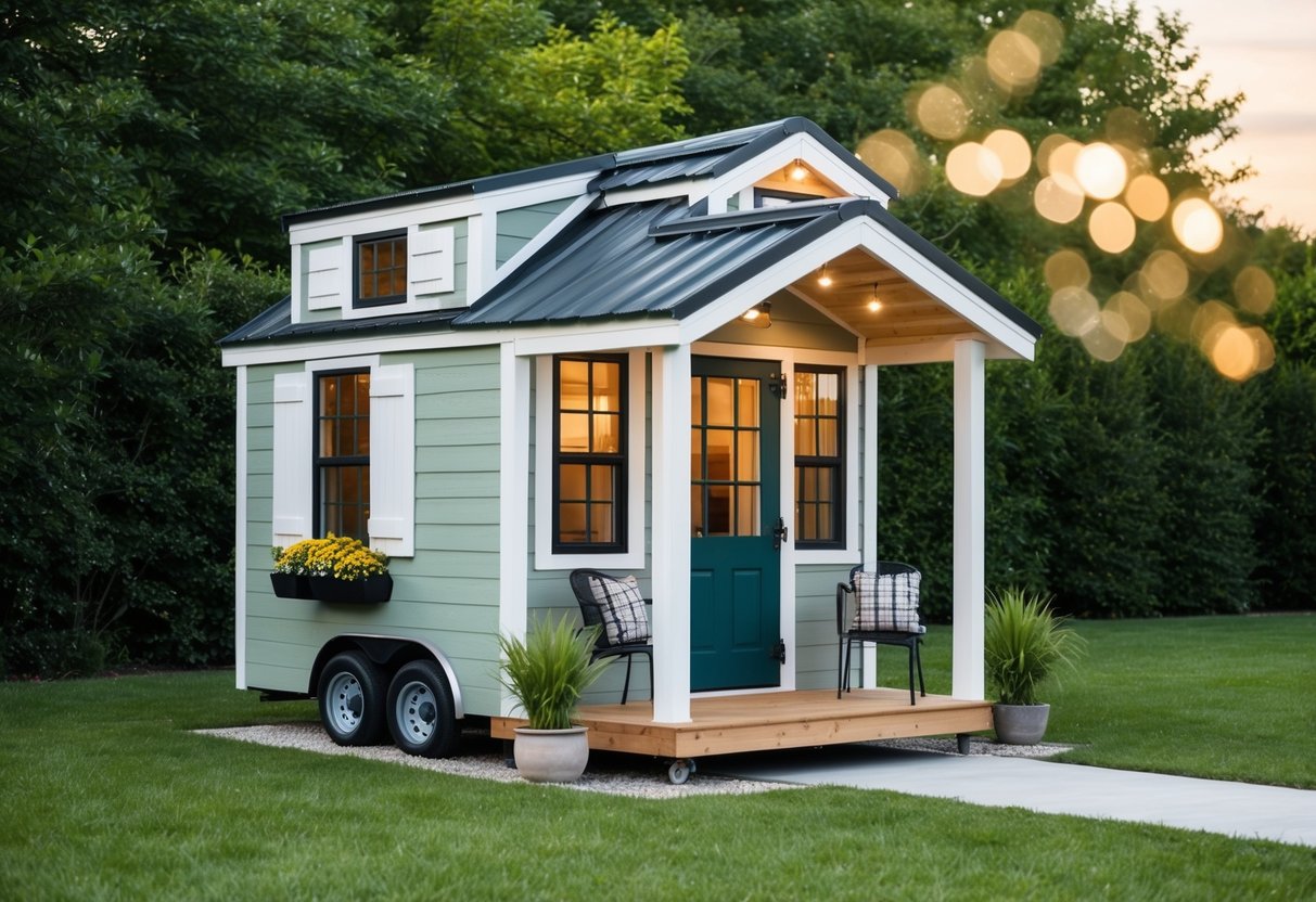 A small shed converted into a cozy tiny house, complete with a front porch and a pitched roof. The exterior is adorned with potted plants and a small garden