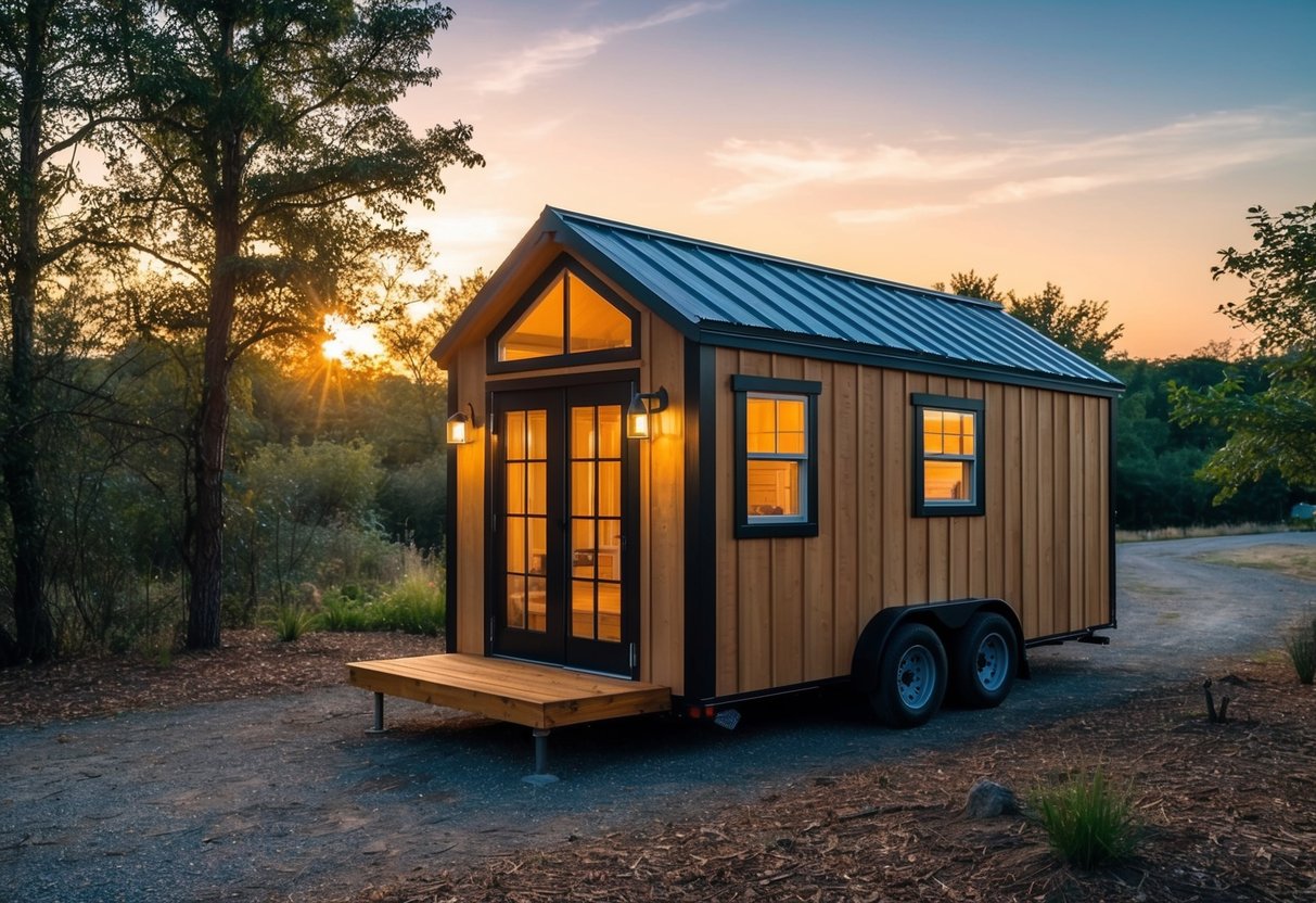 A cozy shed transformed into a tiny house, surrounded by nature. The sun sets behind the small dwelling, casting a warm glow on the exterior