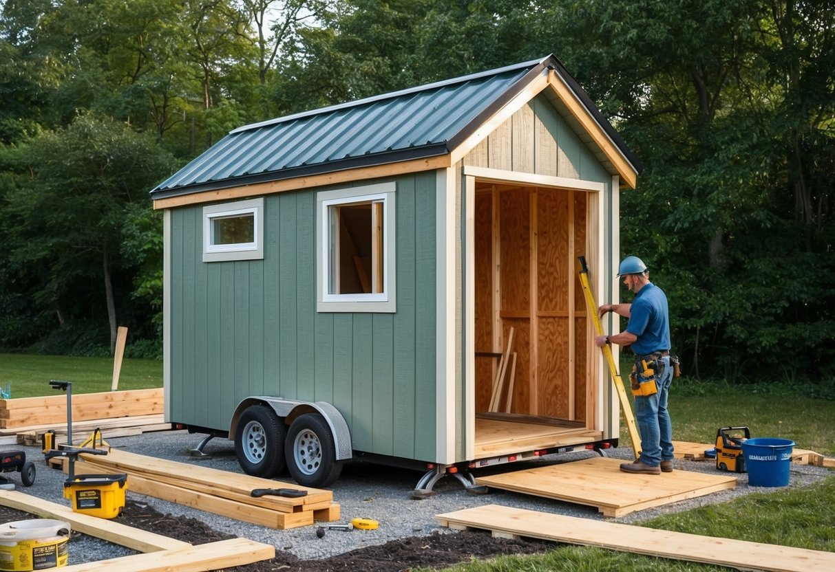 A small shed being transformed into a tiny house, with construction materials and tools scattered around. A worker is measuring and cutting wood for the project