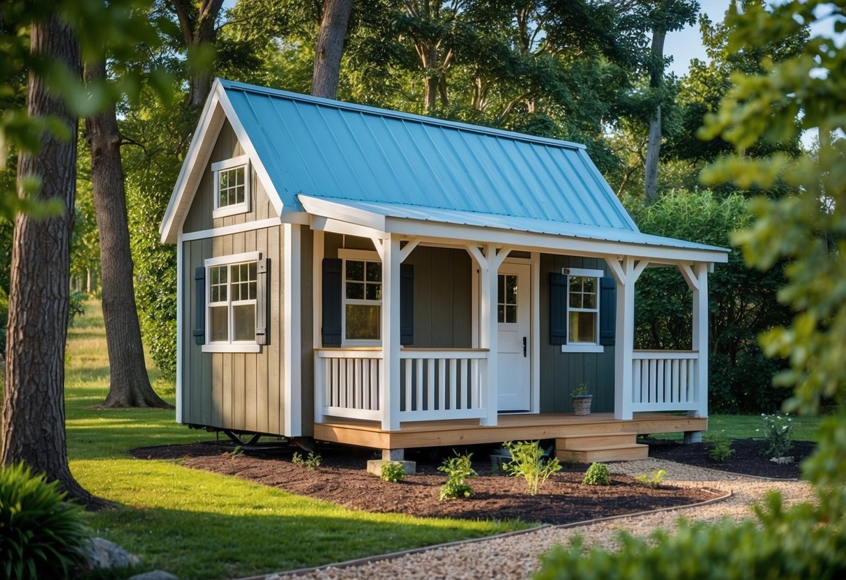 A cozy homestead with a converted shed tiny home, surrounded by trees and a small garden. The shed has a charming exterior with a front porch and large windows