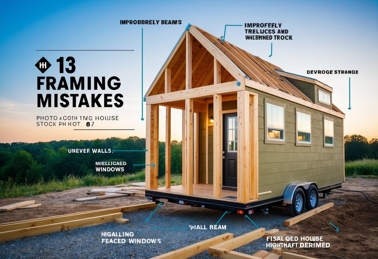 A tiny house under construction with 13 framing mistakes highlighted, such as uneven walls, improperly placed beams, and misaligned windows