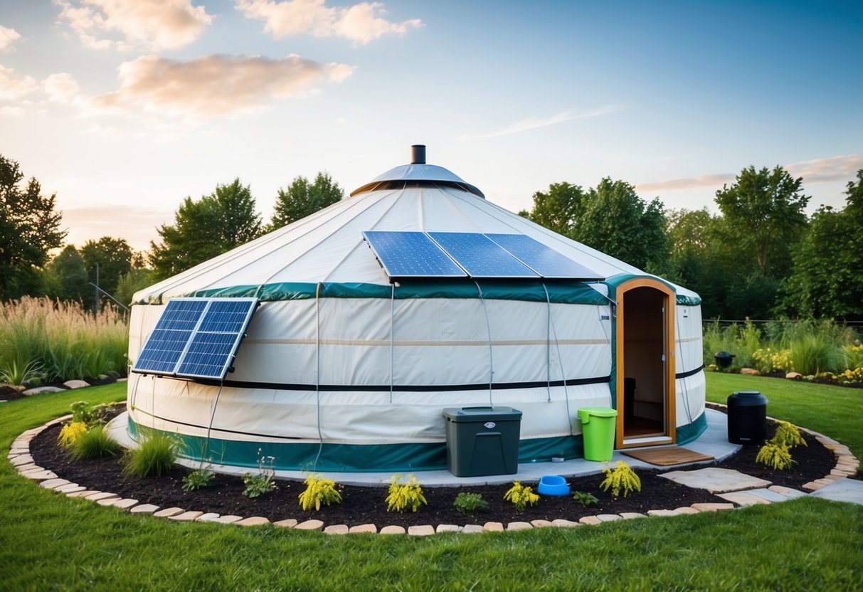 A yurt being constructed in a serene, open field surrounded by tall grass and a clear blue sky with the sun shining down