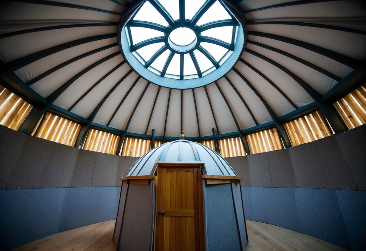 A circular structure with a domed roof, lattice walls, and a central skylight. The exterior is covered in felt or fabric, and a wooden door provides entry