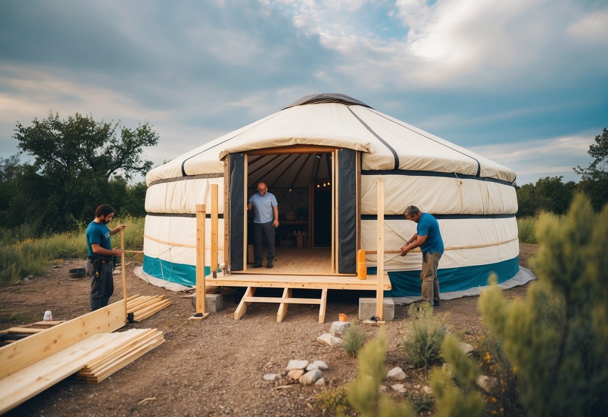 A yurt being constructed in a natural setting, with sustainable building materials being used. The yurt is being carefully assembled, with attention to detail and craftsmanship