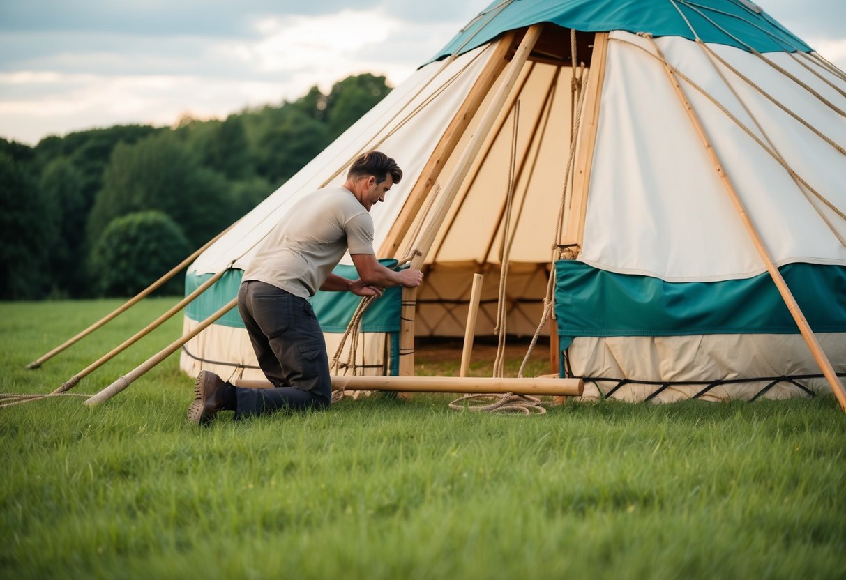 A person constructs a yurt using wooden poles, canvas, and rope in a grassy field