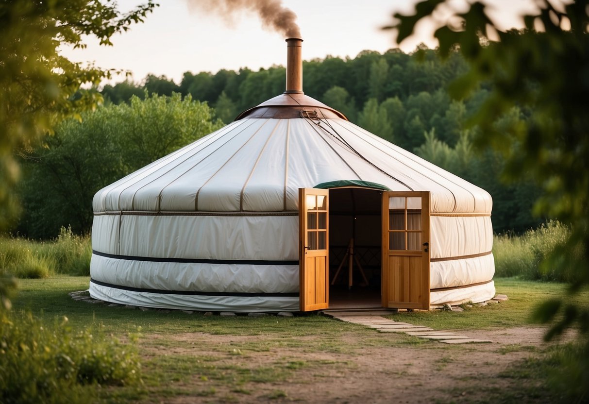 A yurt stands in a tranquil setting, surrounded by nature. The circular structure has a domed roof and an open doorway, with a smokestack protruding from the top