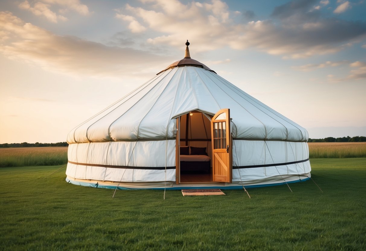 A yurt sits on a grassy plain, its circular frame covered in white fabric. The pointed roof is topped with a decorative finial, and a wooden door is open, revealing a cozy interior