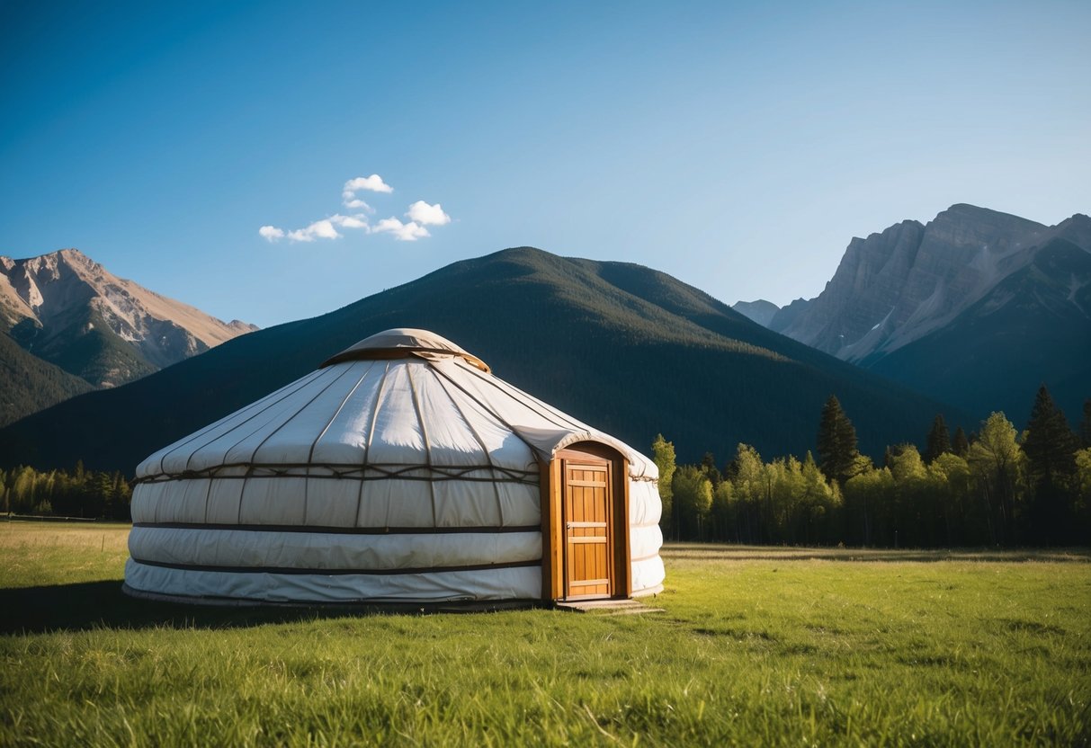 A circular yurt with a domed roof sits in a grassy field, surrounded by tall mountains and a clear blue sky