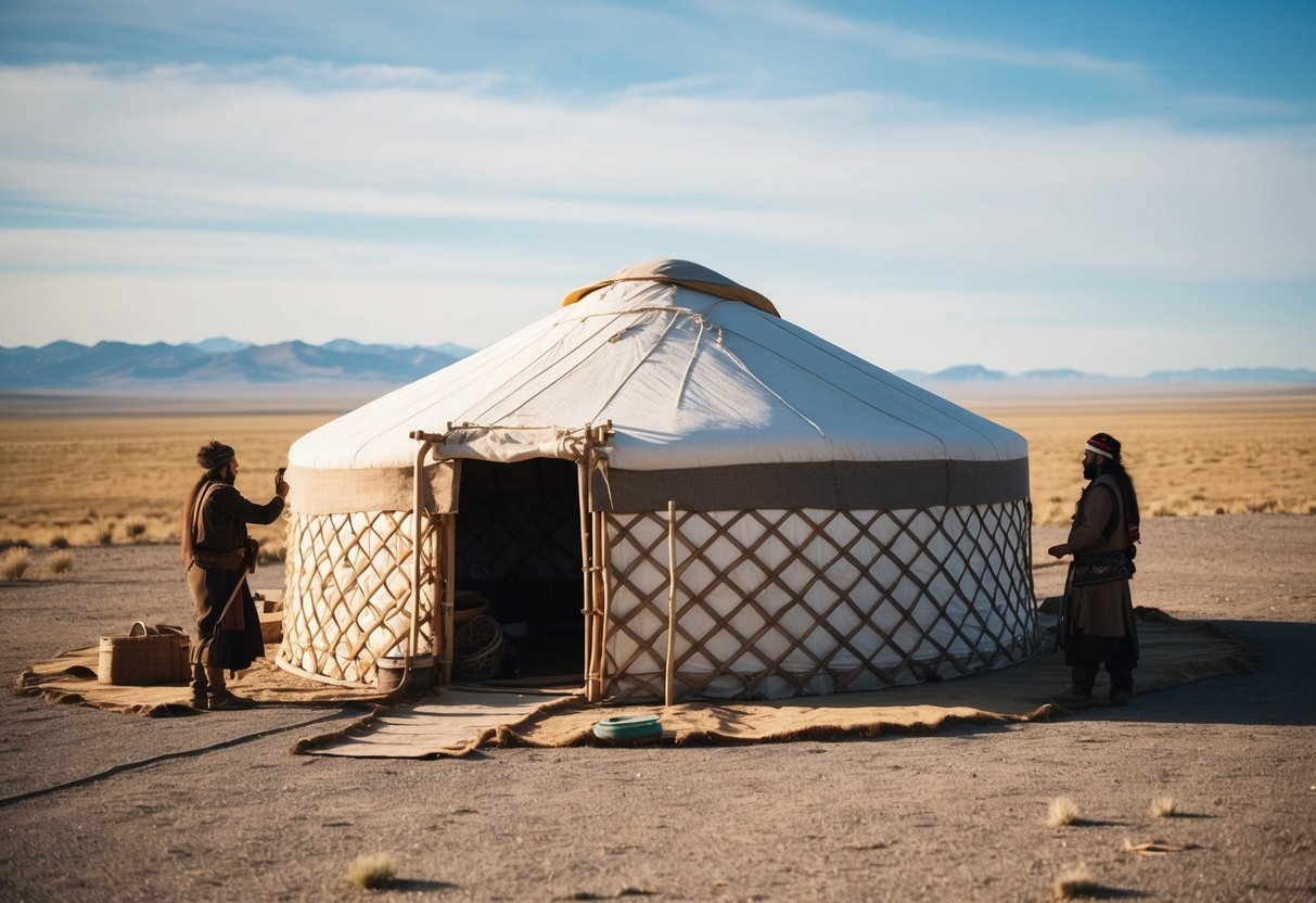 A nomadic tribe constructs a traditional yurt using wooden lattice walls and a felt covering, surrounded by vast open plains and distant mountains