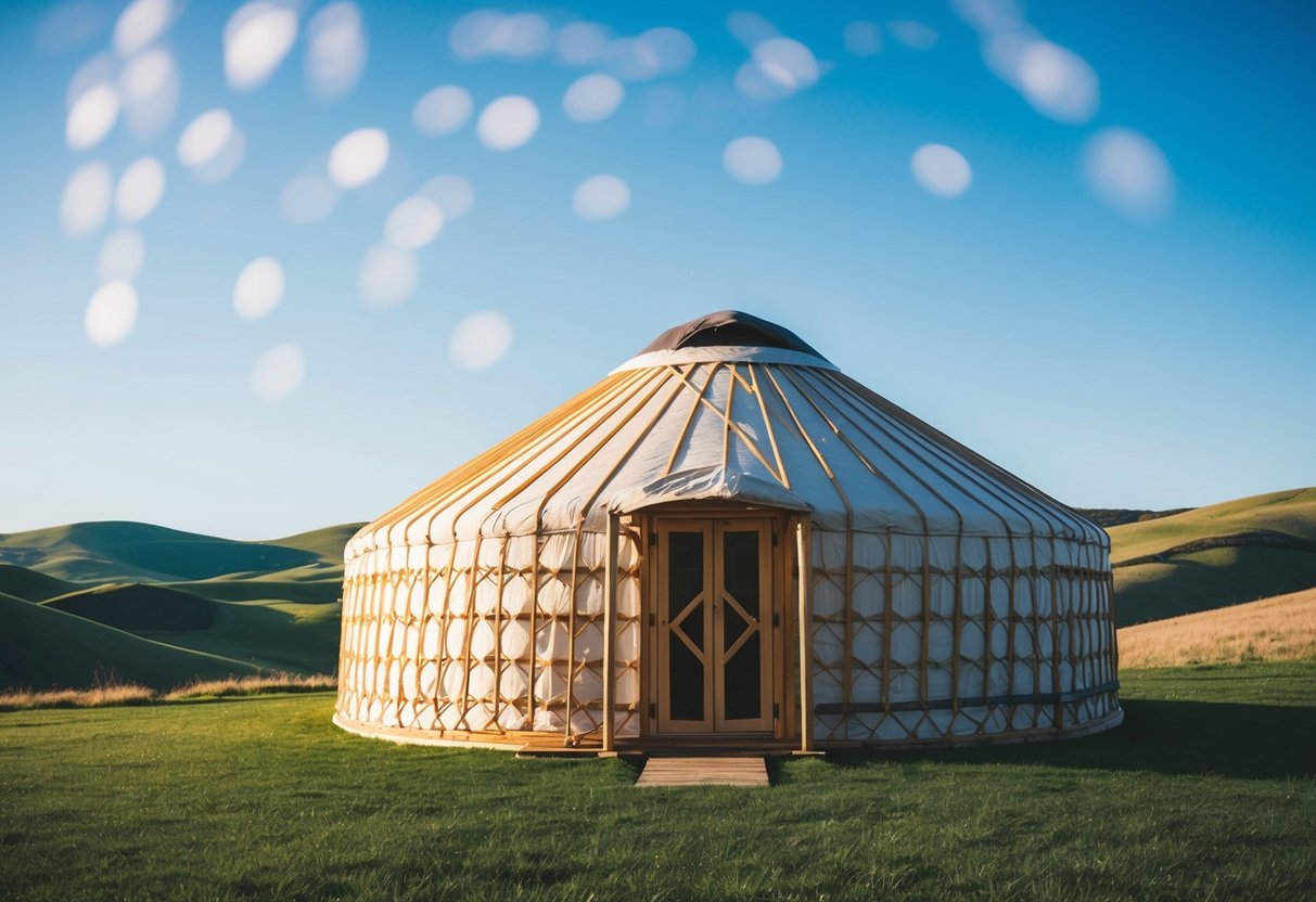 A circular yurt with wooden lattice walls and a conical roof, set against a backdrop of rolling hills and a clear blue sky