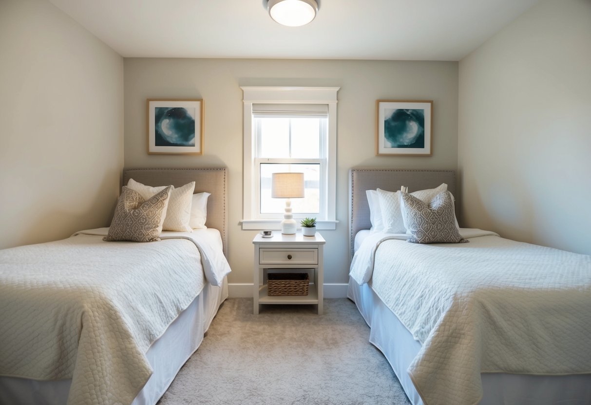 A small bedroom with two twin beds, each featuring cozy bedding and decorative pillows. The room is bright and airy, with a neutral color scheme and space-saving furniture