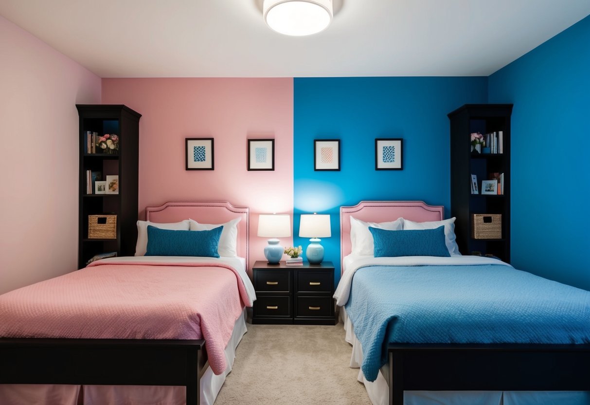 Two identical bedrooms with twin beds, one in pink and one in blue. Each room has matching decor and storage solutions for small spaces