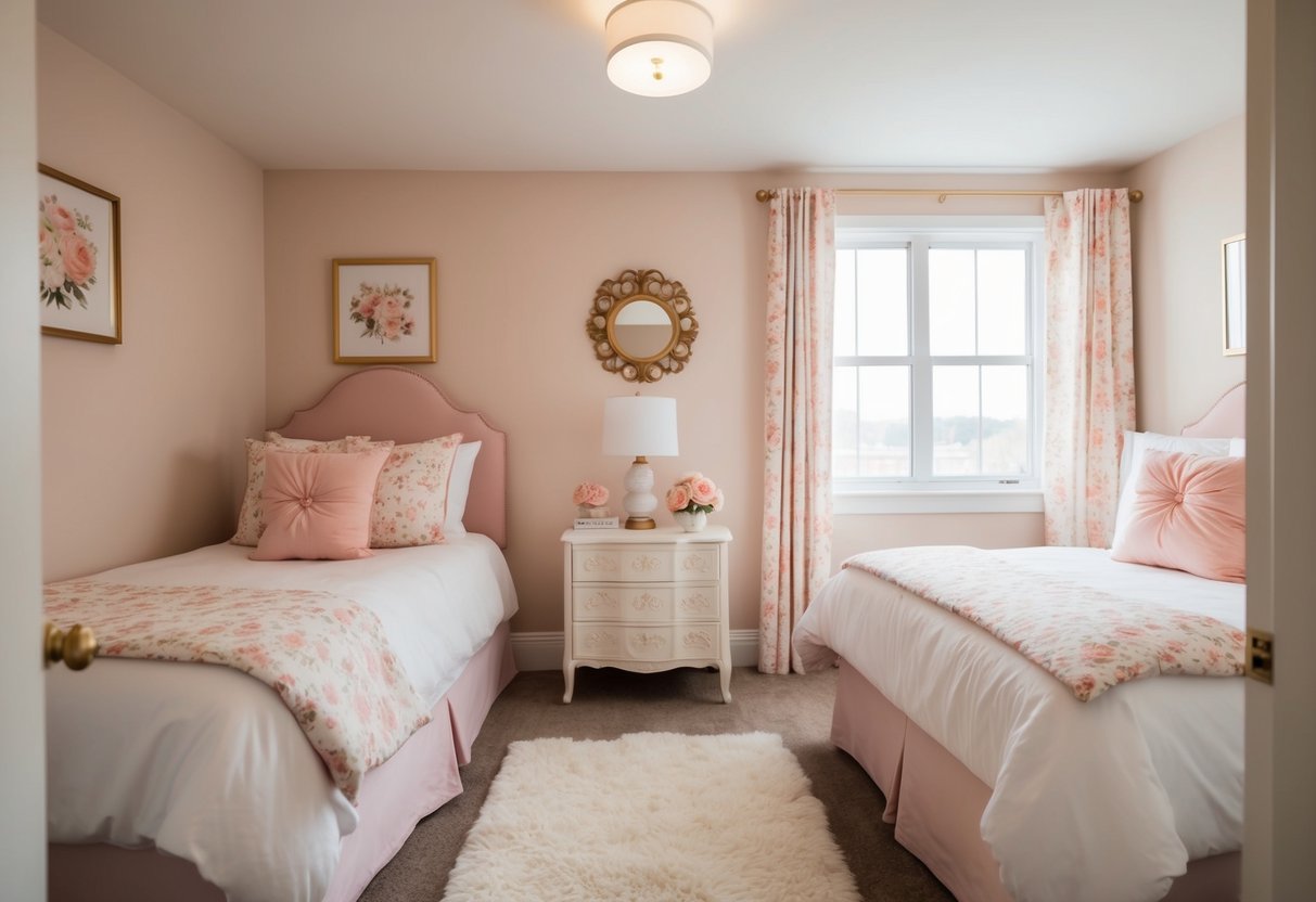 A small, cozy bedroom with twin beds, decorated in a feminine style. Soft pastel colors, floral patterns, and decorative pillows create a warm and inviting atmosphere