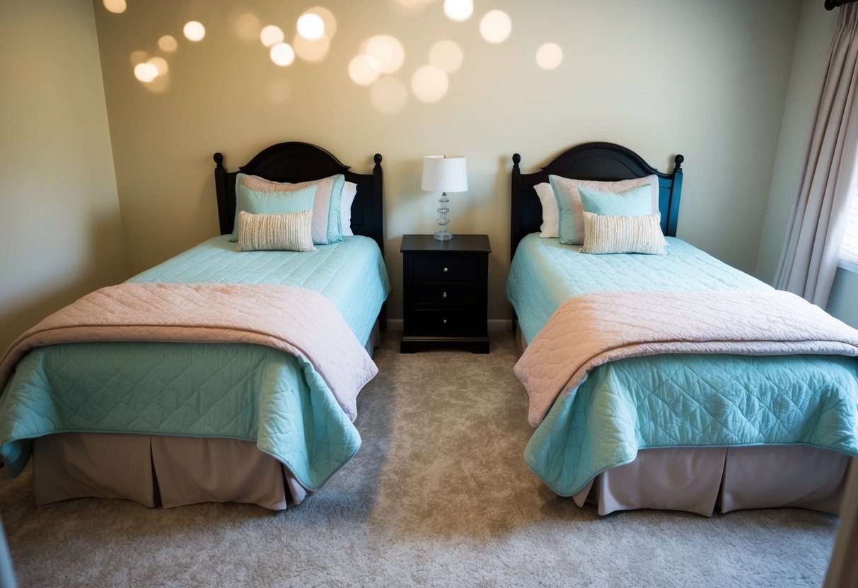 A cozy bedroom with two twin beds, adorned with matching comforters and throw pillows. The room is decorated with soft pastel colors, and there are small nightstands on either side of the beds