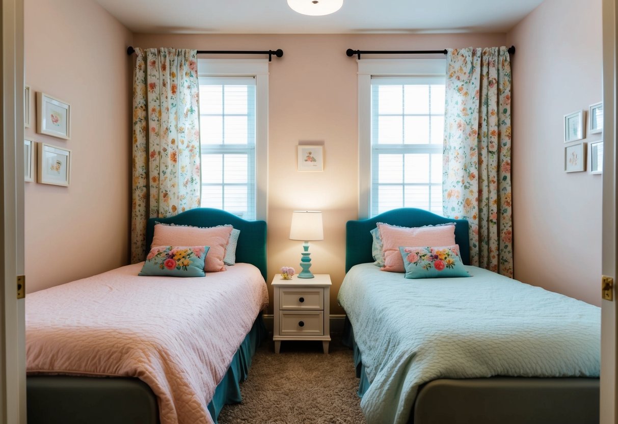 A cozy shared girls' bedroom with twin beds against opposite walls. Soft pastel colors and floral patterns decorate the bedding and curtains. A small nightstand and lamp sit between the beds