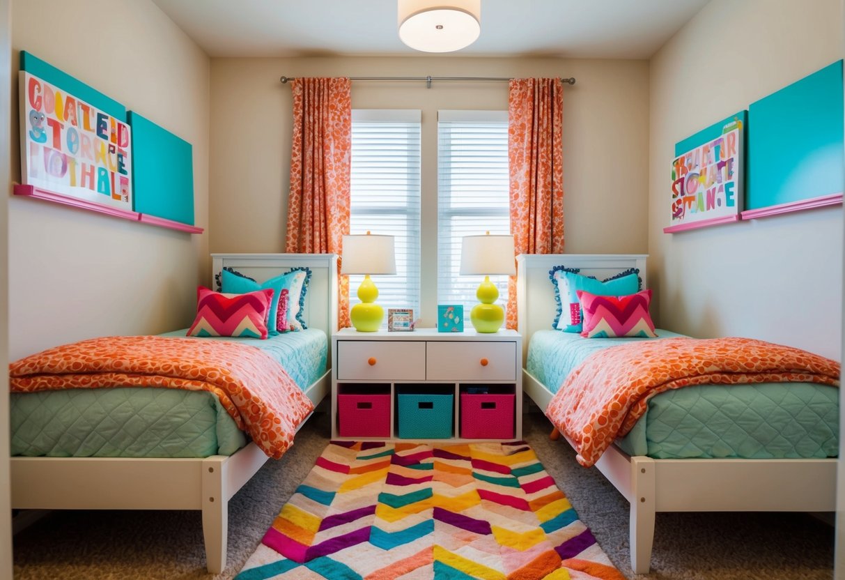 A cozy girls' shared room with twin beds, decorated with bright, colorful bedding and matching throw pillows. Small room optimization with clever storage solutions