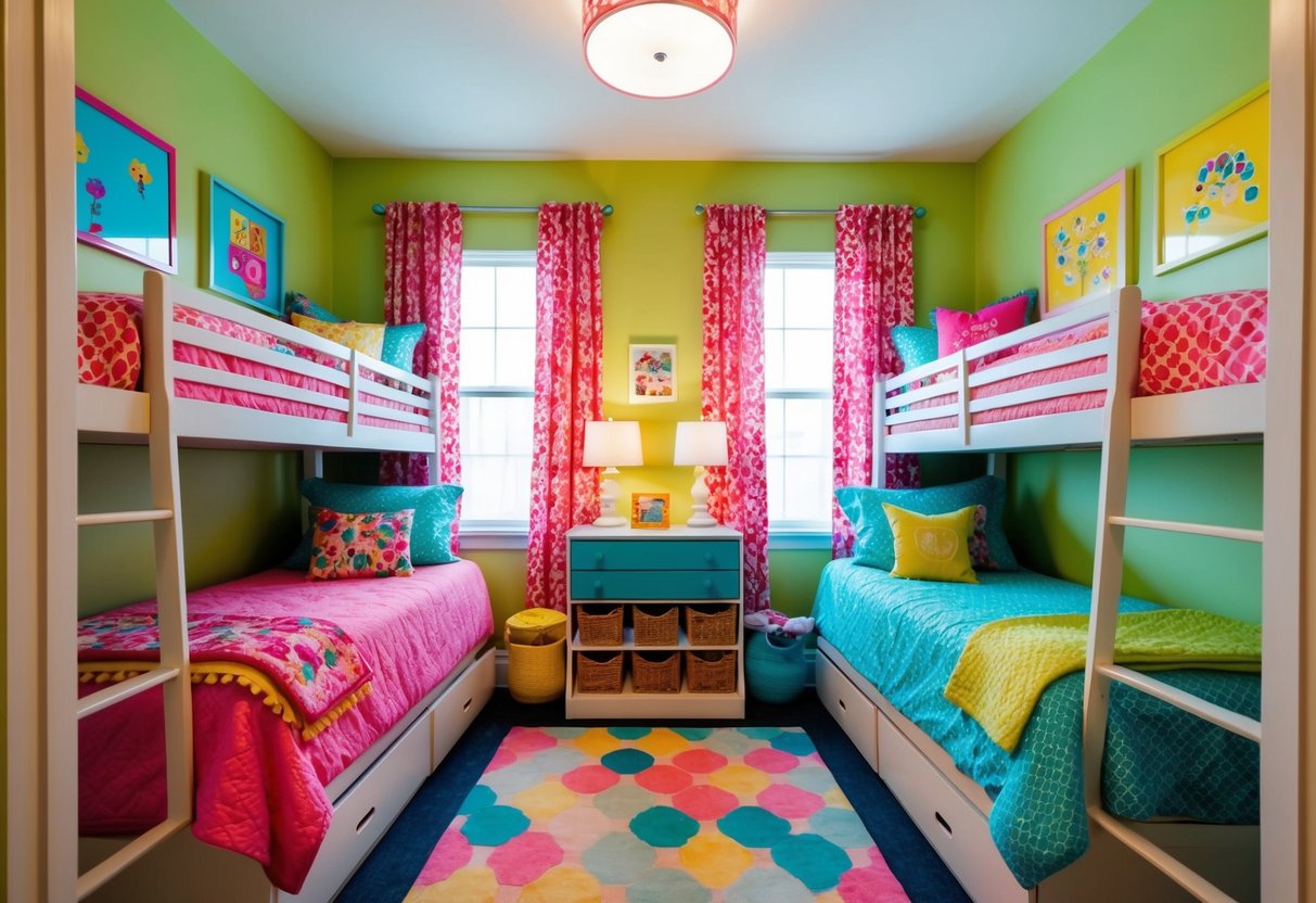 A cozy shared girls' room with twin beds, decorated with bright, playful colors and patterns. The room is small but efficiently organized with storage and personal touches