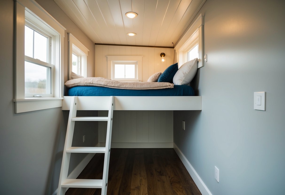 A cozy loft in a tiny house, with a DIY bunk bed built into the wall. A ladder leads up to the loft, and the bed is neatly made with plump pillows and a warm blanket