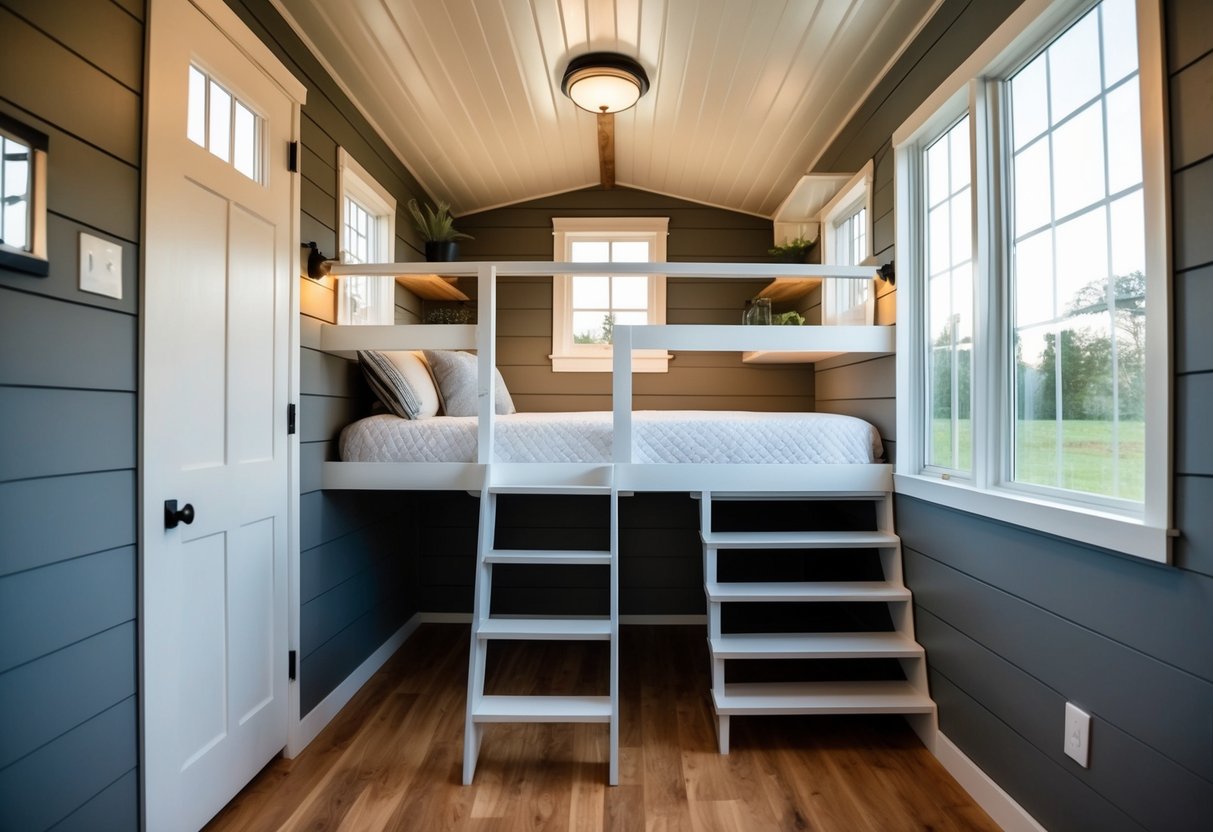 A cozy tiny house with a loft bed built into the wall, accessible by a ladder. The bed is surrounded by a railing for safety