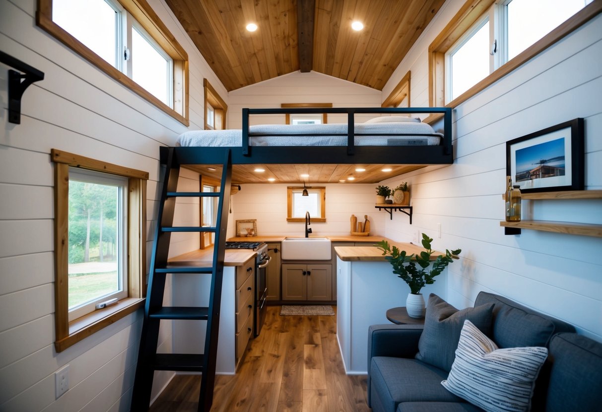 A cozy tiny house with a loft bed above the living area. The space is cleverly designed with DIY bunk bed plans and a functional layout