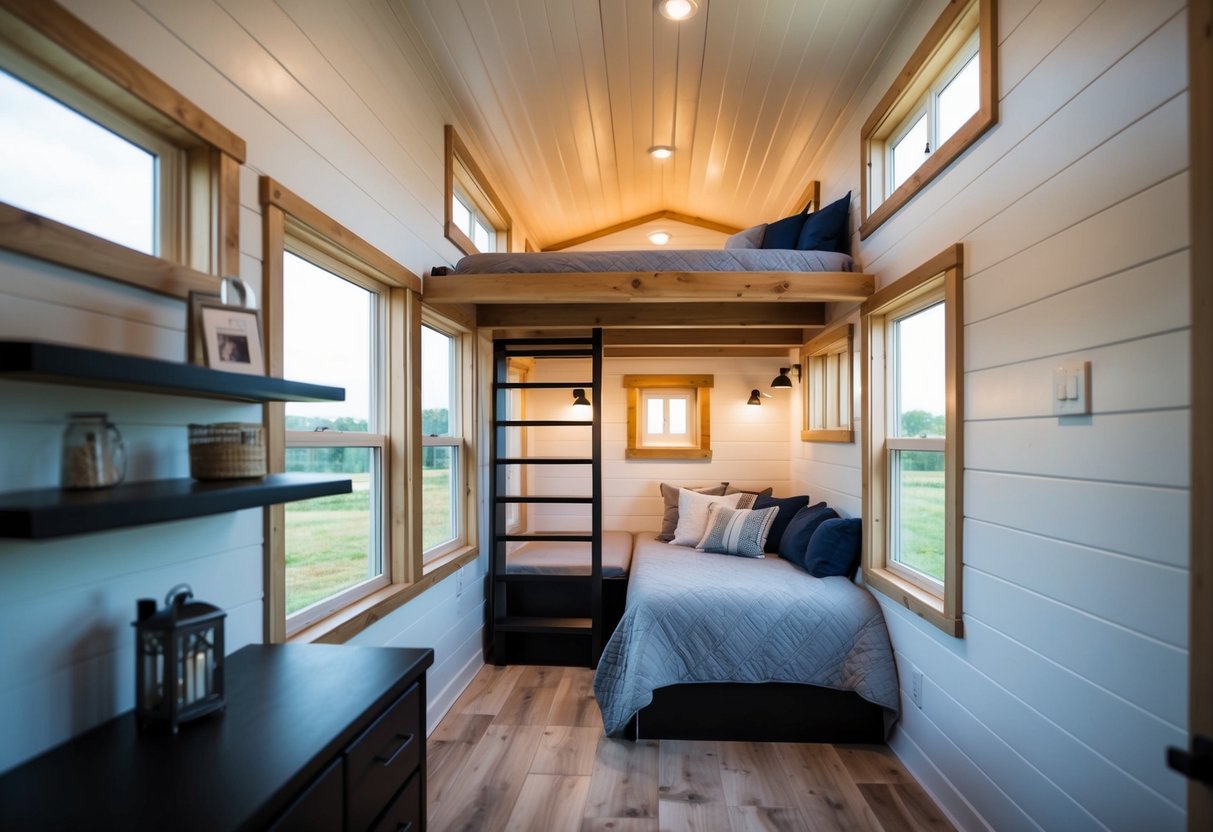 A cozy 12 x 32 tiny house with a loft. The loft features a DIY bunk bed