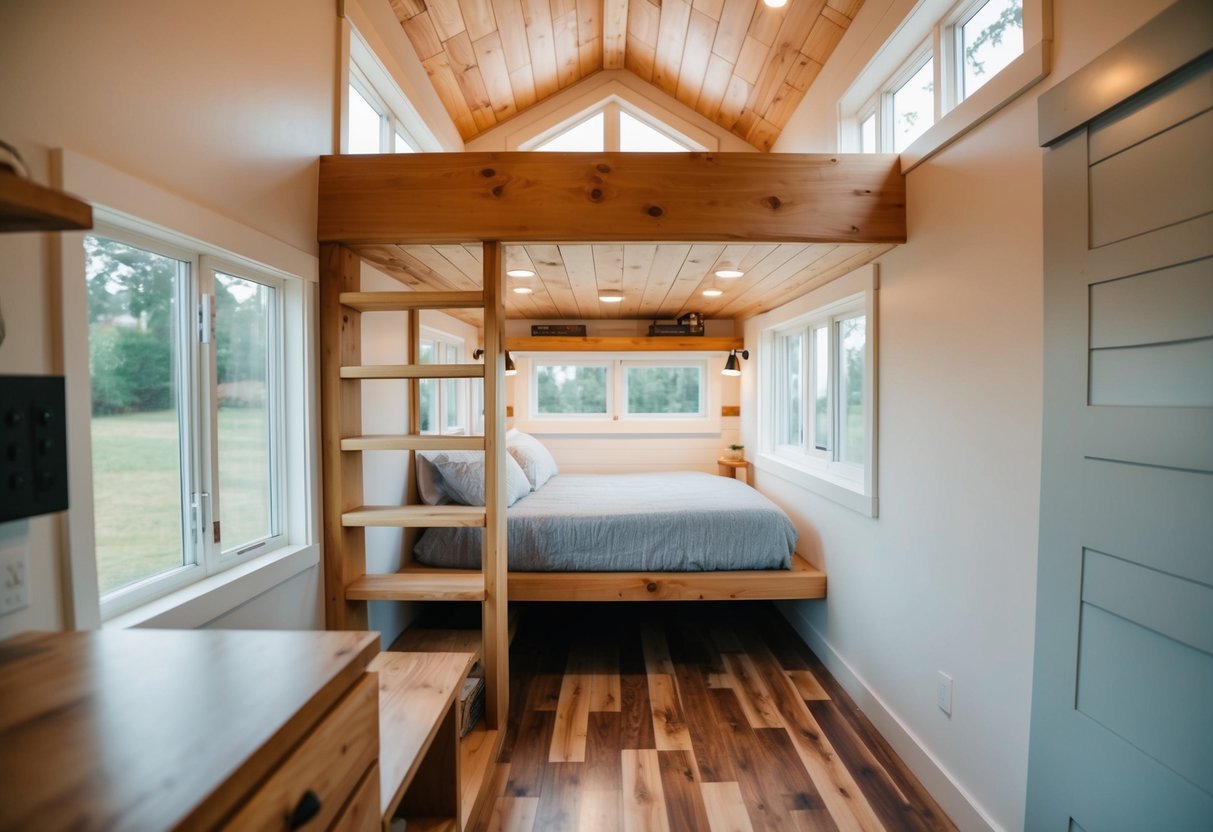 A cozy tiny house interior with loft and DIY bunk bed