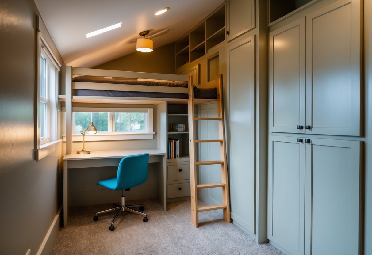 A cozy loft with a ladder leading to a bunk bed. The loft is furnished with a small desk and bookshelves. Windows let in natural light