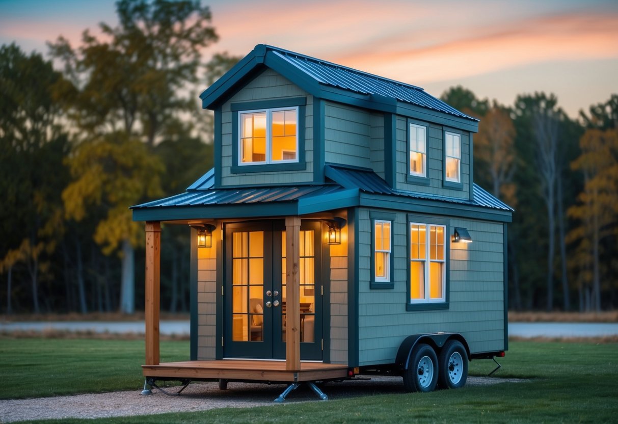 A cozy 3-bedroom tiny house with a loft, featuring a compact yet functional layout, large windows for natural light, and a charming exterior design