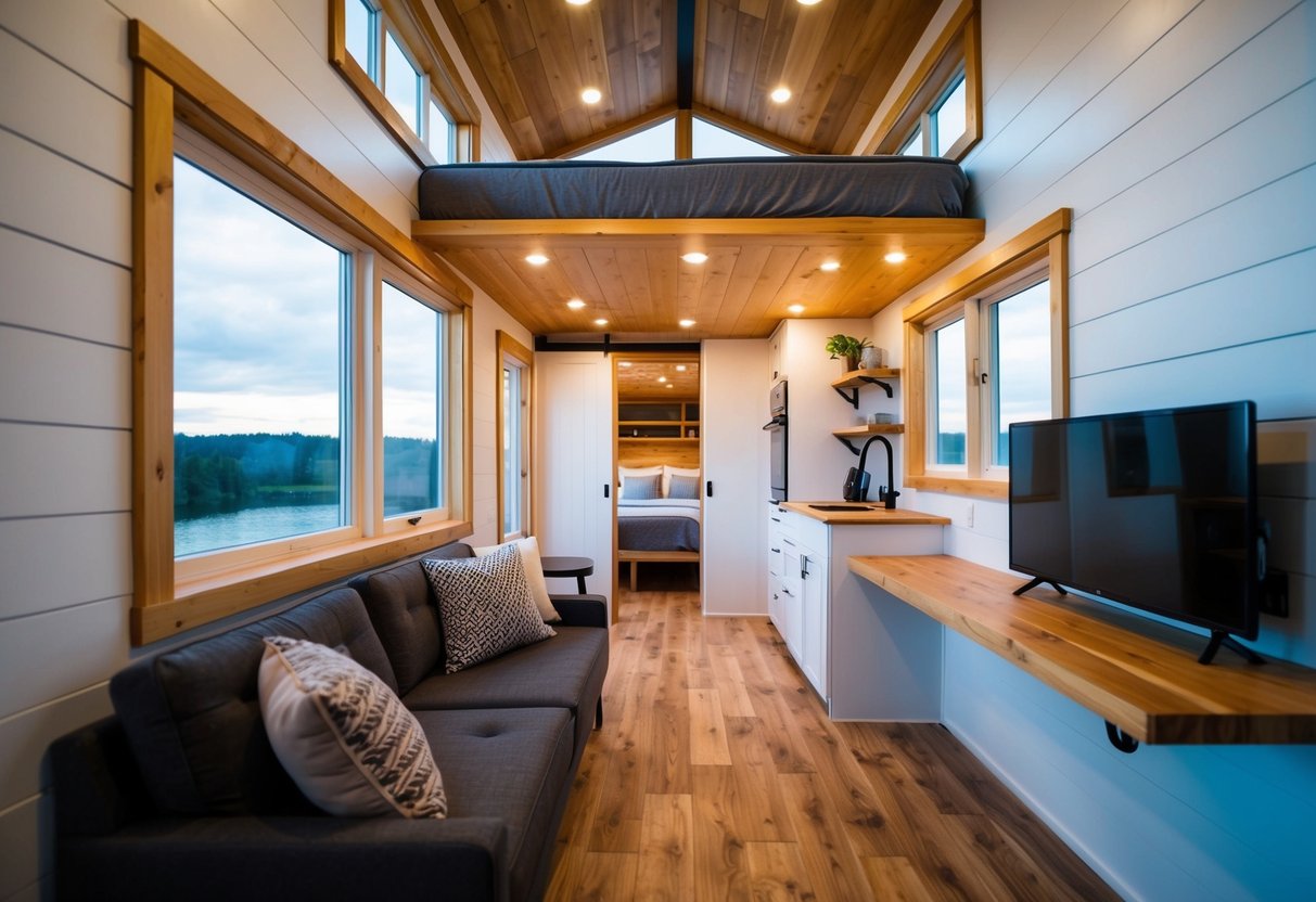 A cozy, modern tiny house with a loft bedroom, open floor plan, and efficient use of space