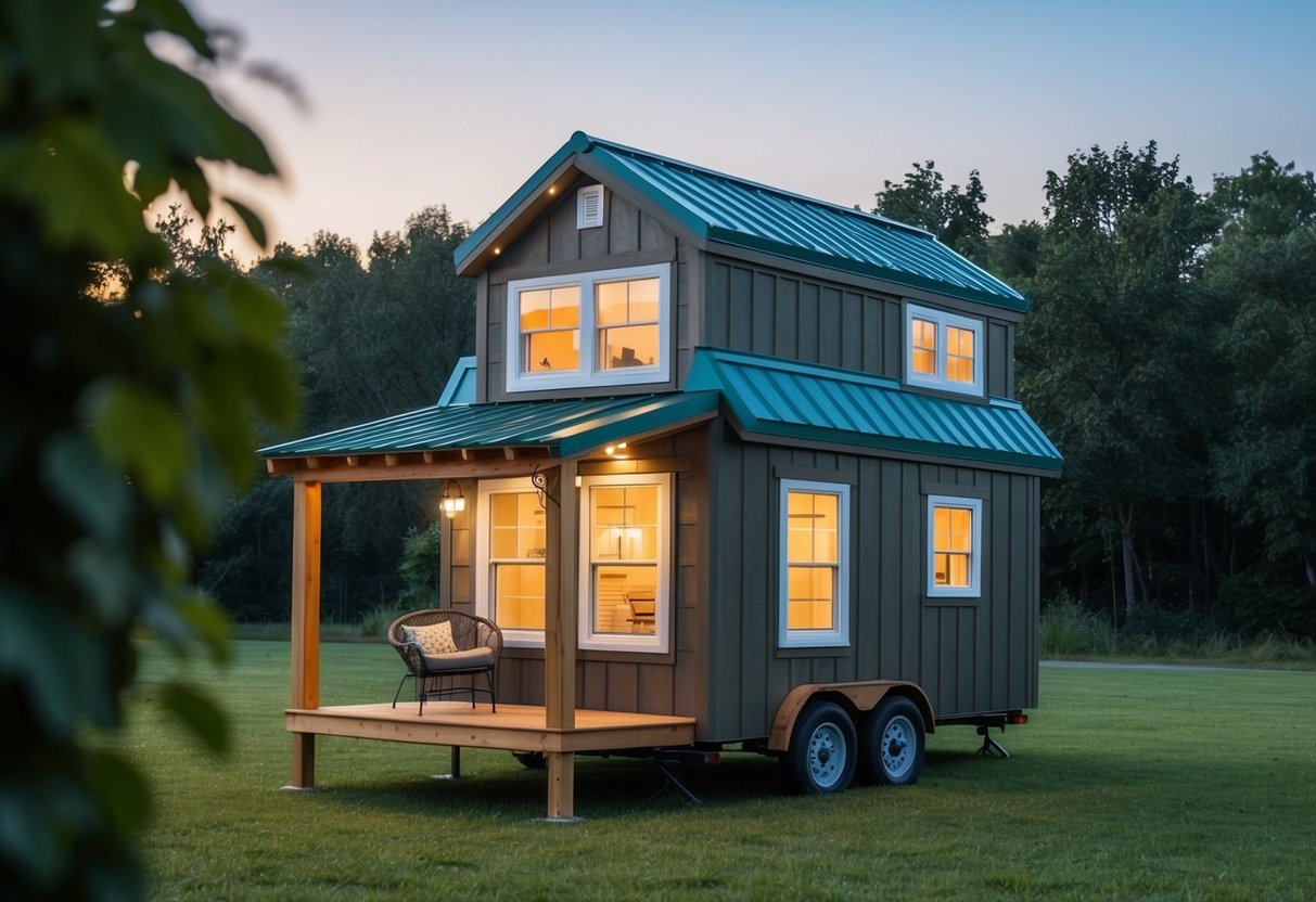 A cozy 3-bedroom tiny house with a loft, featuring a compact yet functional layout, large windows for natural light, and a charming exterior design