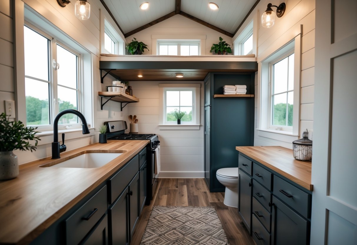 A cozy kitchen and bathroom layout in a 3-bedroom tiny house with a loft, featuring compact and efficient design