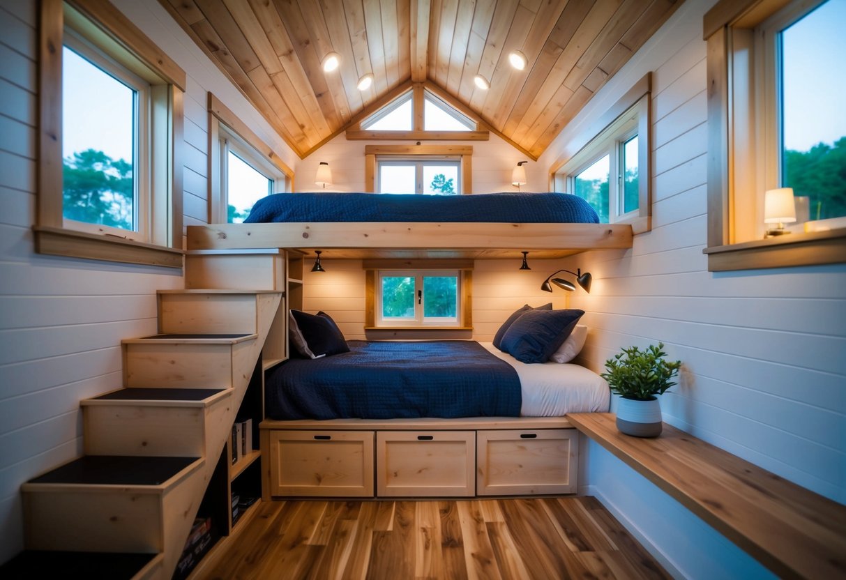 A cozy 3-bedroom tiny house with a loft. The innovative sleeping solutions are evident in the clever use of space and functional design