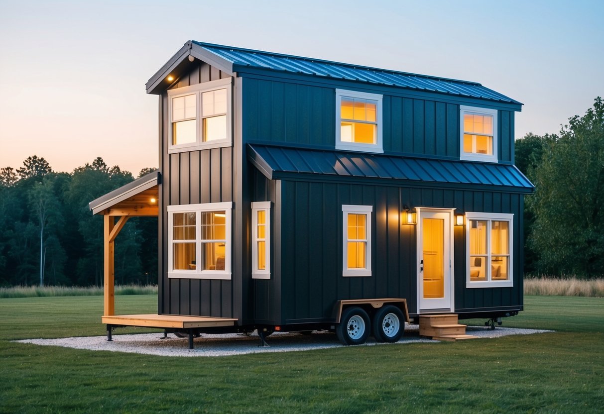 A small, modern tiny house with three bedrooms and a loft, featuring practical design elements for efficient construction