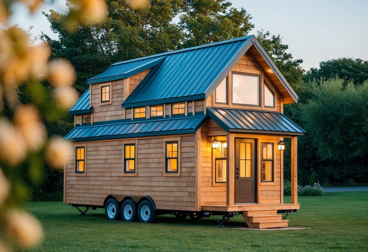 A cozy 3-bedroom tiny house with a loft, featuring a sloped roof, large windows, and a small front porch