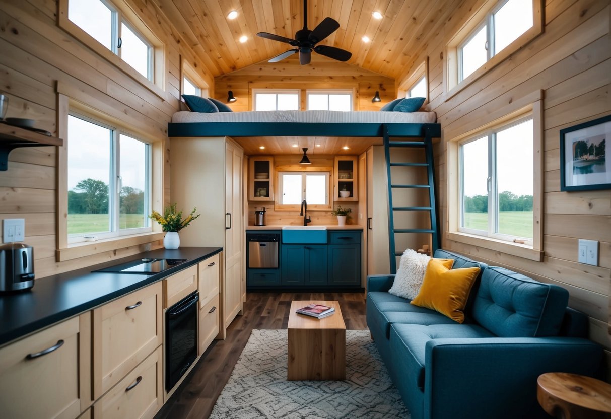 A cozy living room with built-in storage, a loft above for the bedroom, and a compact yet functional kitchen in a 3-bedroom tiny house