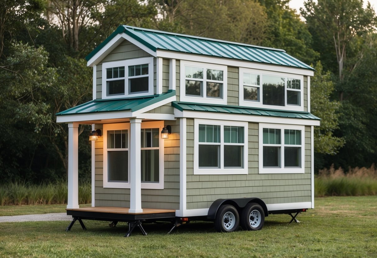 A cozy, compact 3-bedroom tiny house with a loft. The exterior is adorned with large windows, a small porch, and a sloped roof