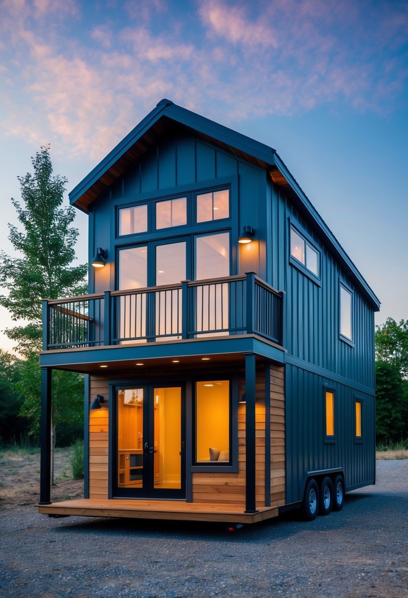 A tiny house with two stories, featuring a compact design and modern aesthetic, surrounded by lush greenery and nestled in a peaceful natural setting