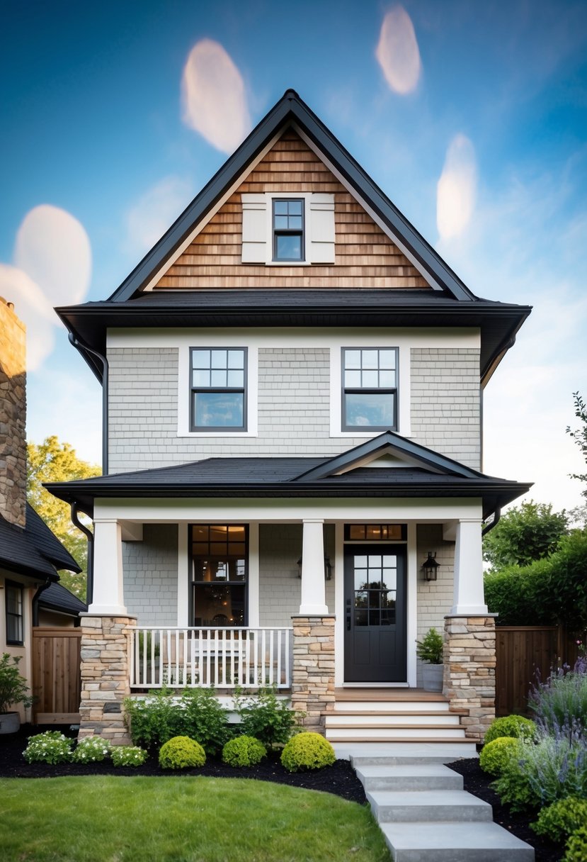 A cozy two-story cottage with a steeply pitched roof, small windows, and a charming front porch. The exterior features a mix of wood and stone materials, surrounded by a lush garden