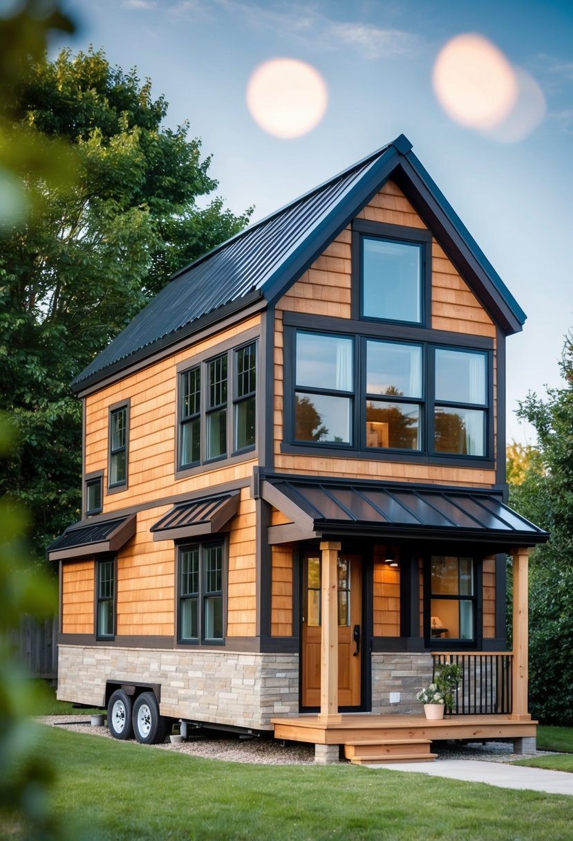 A cozy two-story tiny home with a pitched roof, large windows, and a small porch. The exterior features a mix of wood and stone materials, with a charming and inviting design