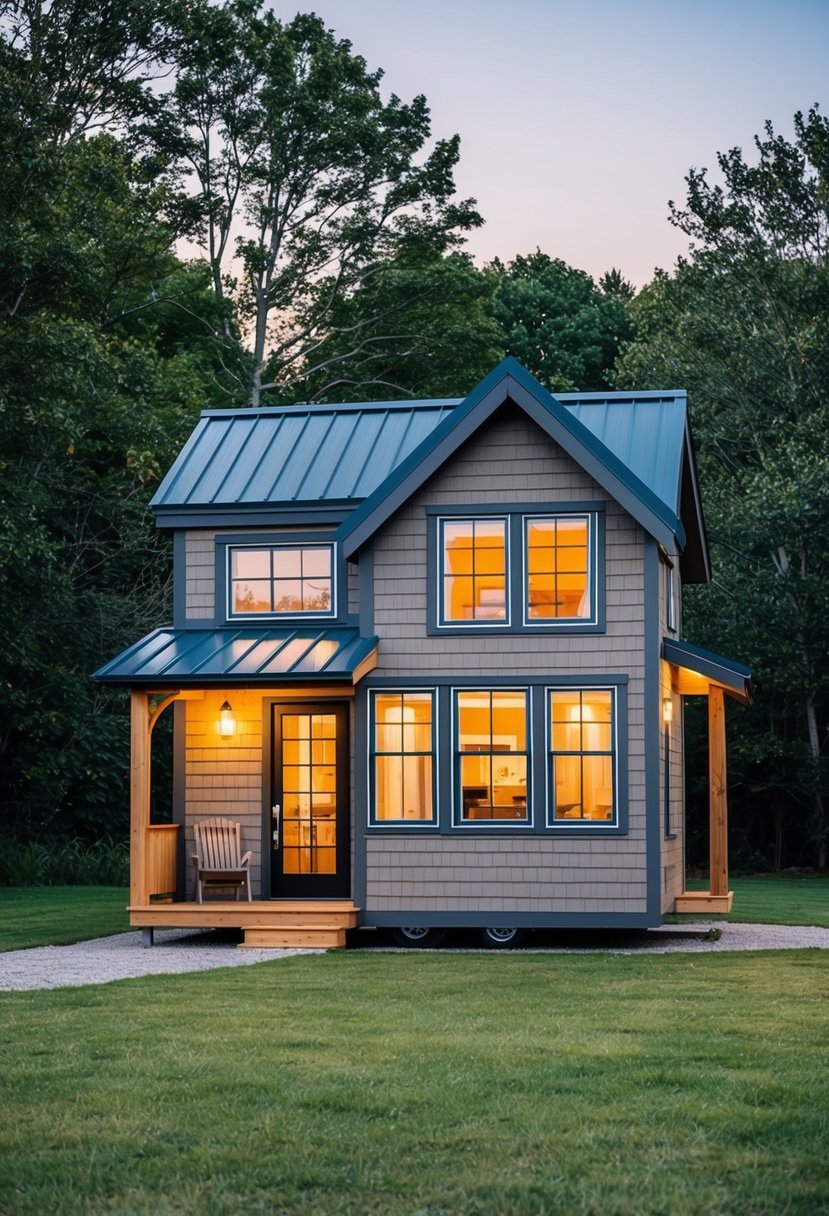 A cozy, two-story tiny house with a loft, featuring large windows, a sloped roof, and a small front porch