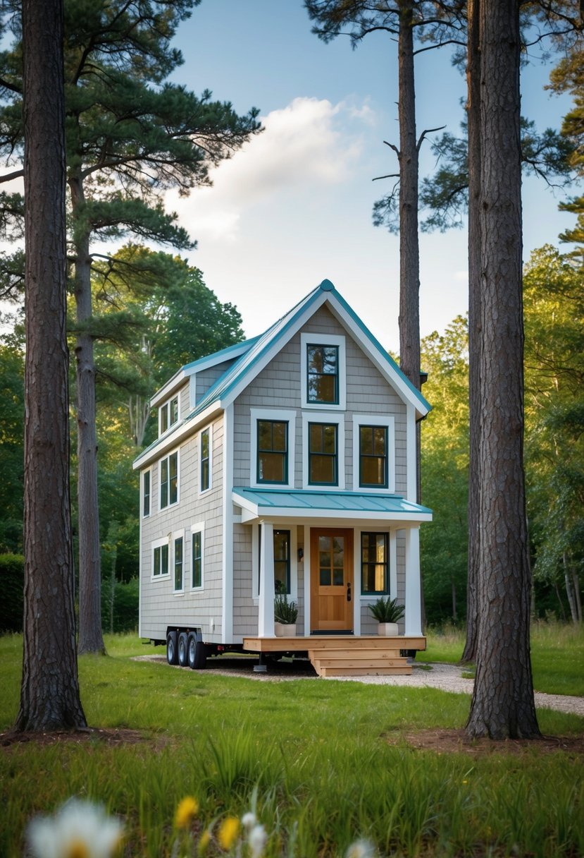 A cozy two-story tiny house with a sloped roof, large windows, and a small front porch nestled among tall trees in a serene natural setting