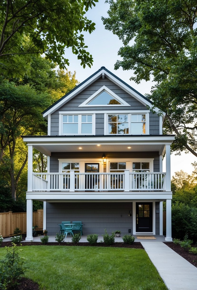 A two-story tiny house with a balcony, surrounded by trees and a small garden. The house features a compact design with large windows and a charming exterior