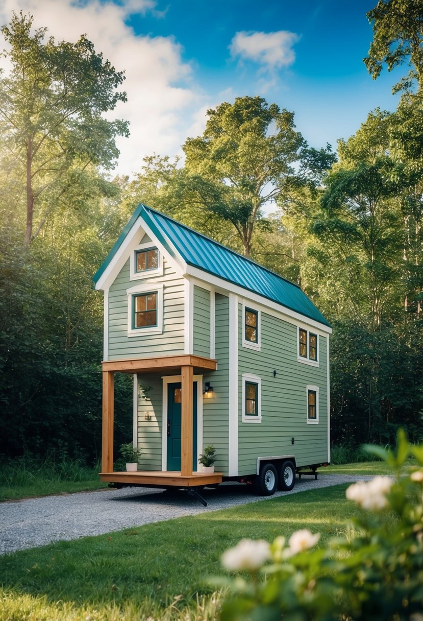 A cozy two-story tiny house with a standing loft bedroom, surrounded by nature and featuring a charming exterior design